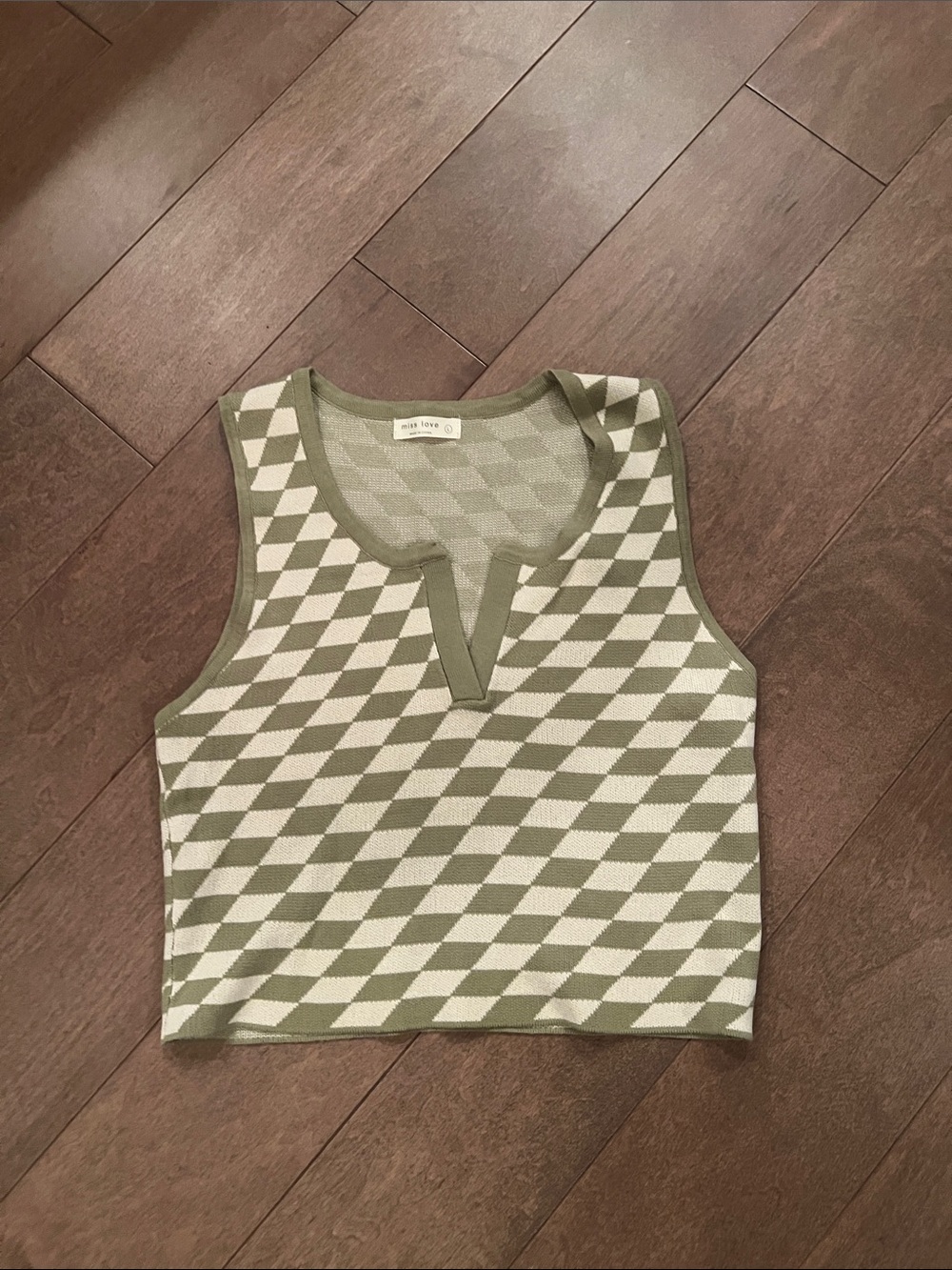 Checker Knit Tank Top in Olive & Cream - Casual Cropped Knit